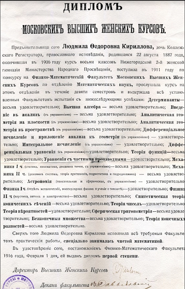 Диплом об окончании московских высших курсов